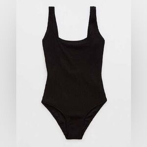 Aerie Ribbed Scoop Black One-Piece Swimsuit